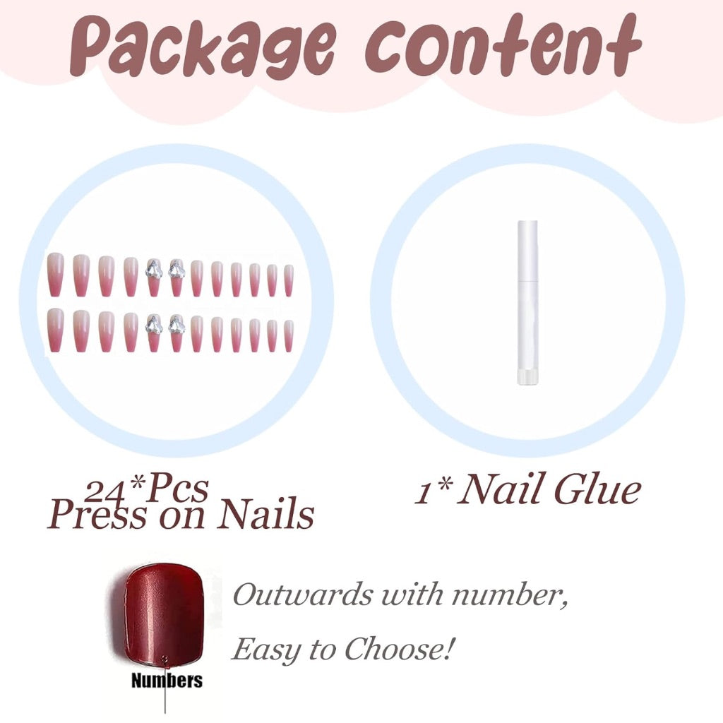 BABALAL Press-On Nails - Long, Pink Heart (24 Pcs.)