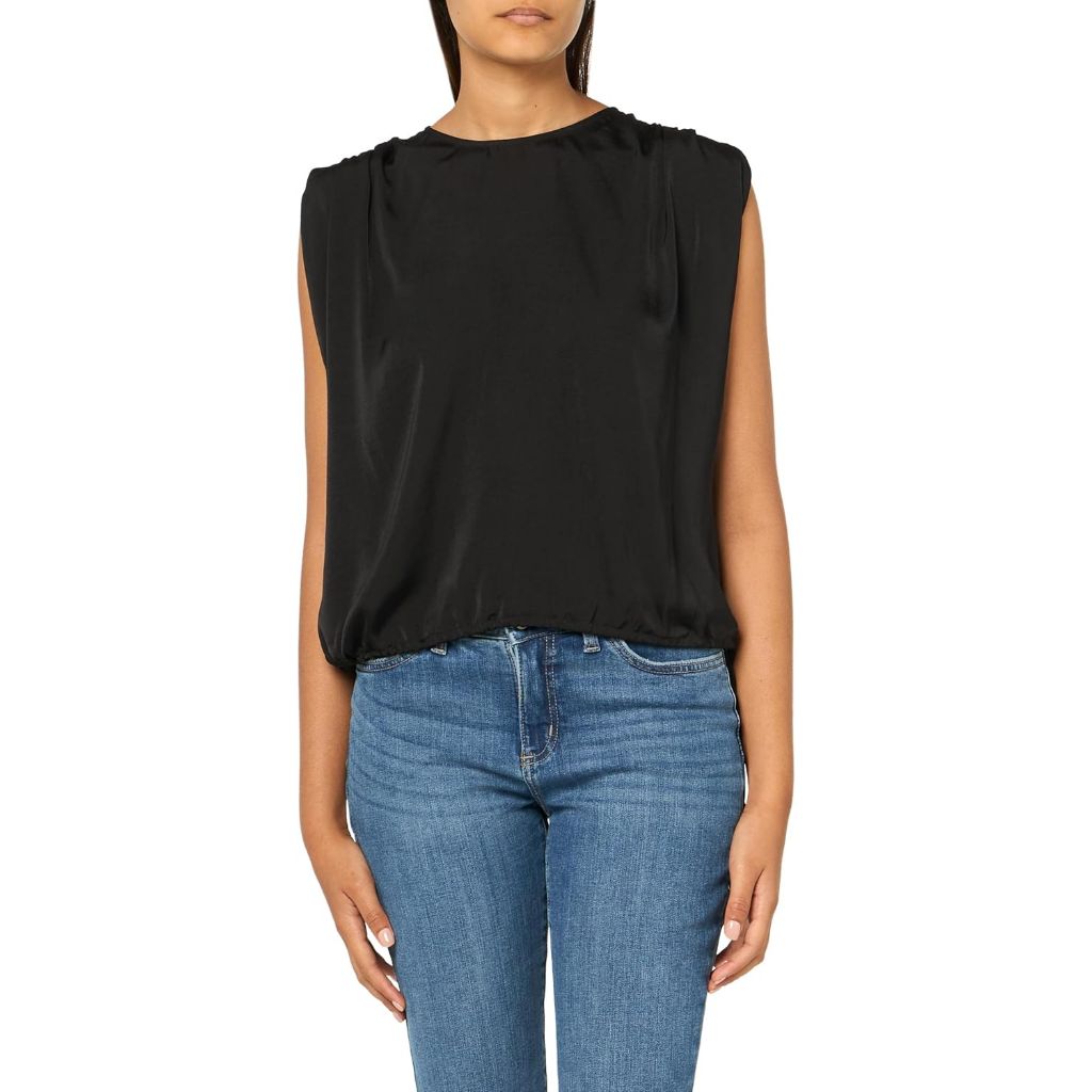 BCBG New York Women's Sleeveless Drawstring Crew Neck Top, Black Onyx - Size XXS