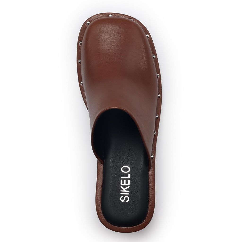 Mules for Women Clogs Chunky Block Heel, Chestnut - size 42