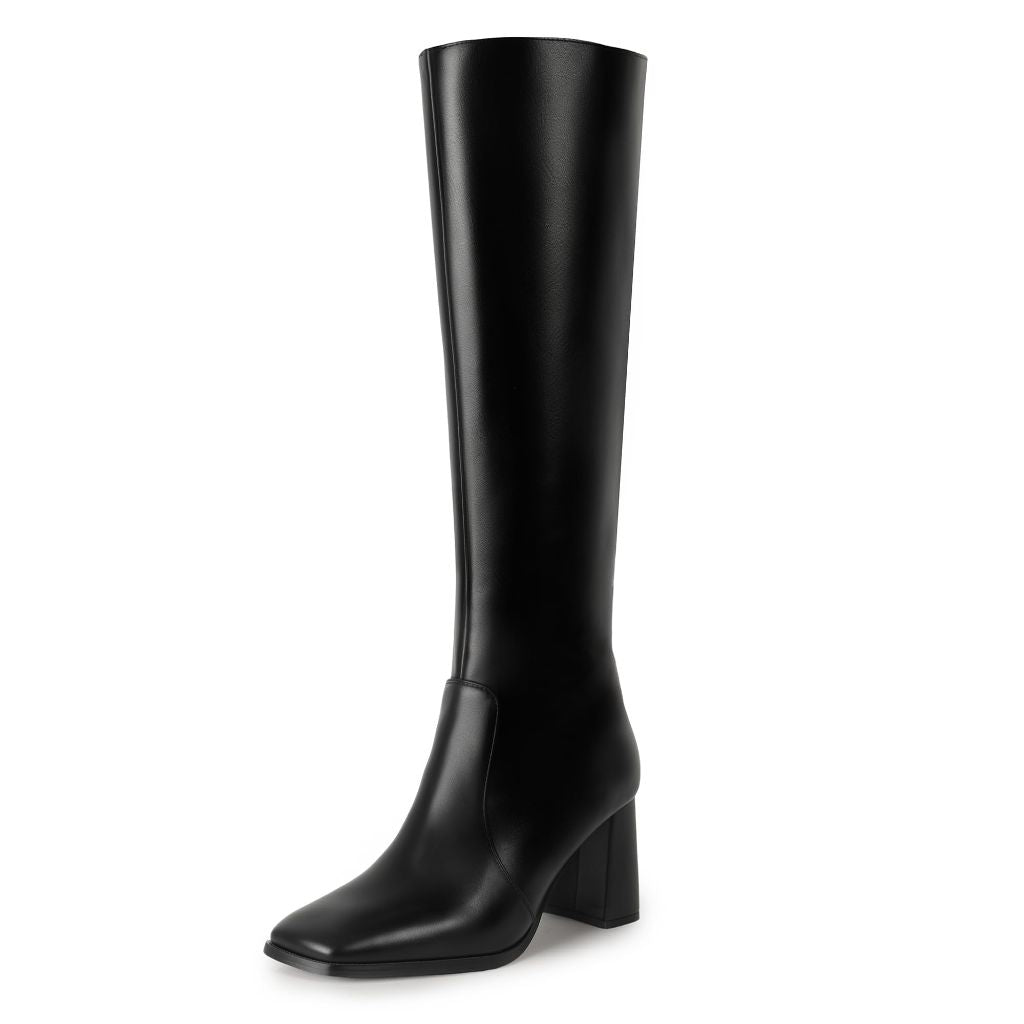 IDIFU Black Boots for Women Knee High Square Toe GoGo Chunky High Heeled Boot (New Black Pu, 9.5)