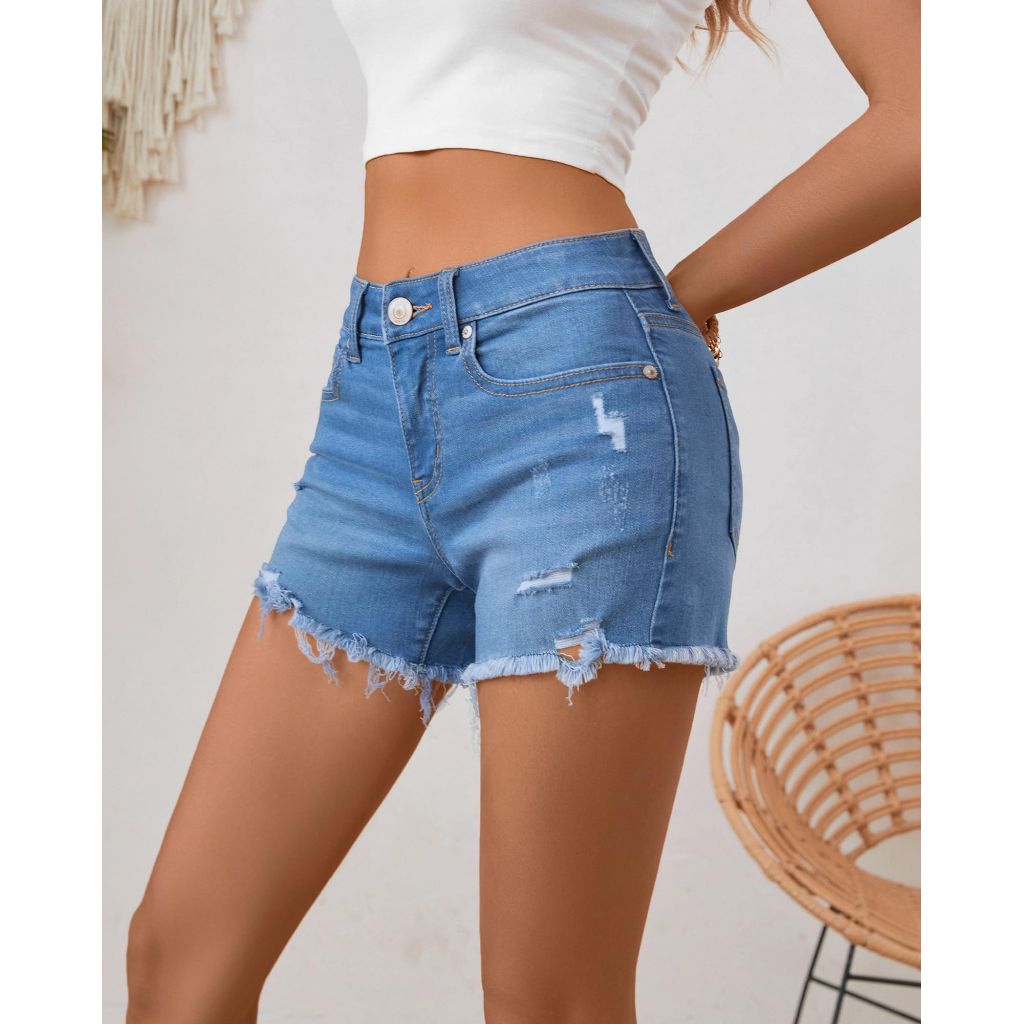 OFLUCK Women's High Waisted Ripped Frayed Raw Hem Stretch Denim Shorts - Size 2