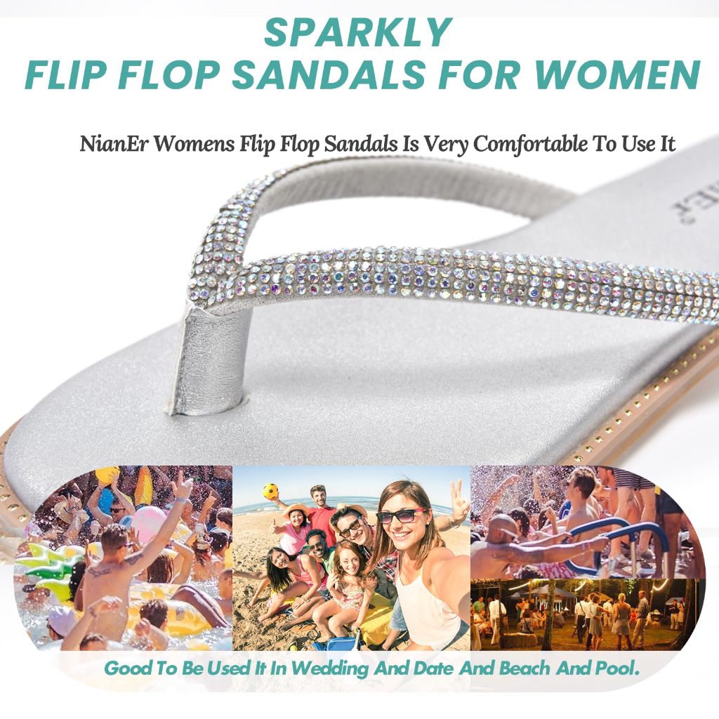NianEr Women's Microfiber Leather Rhinestone Glitter Sparkle Flat Thong Sandals - Silver, Size 8