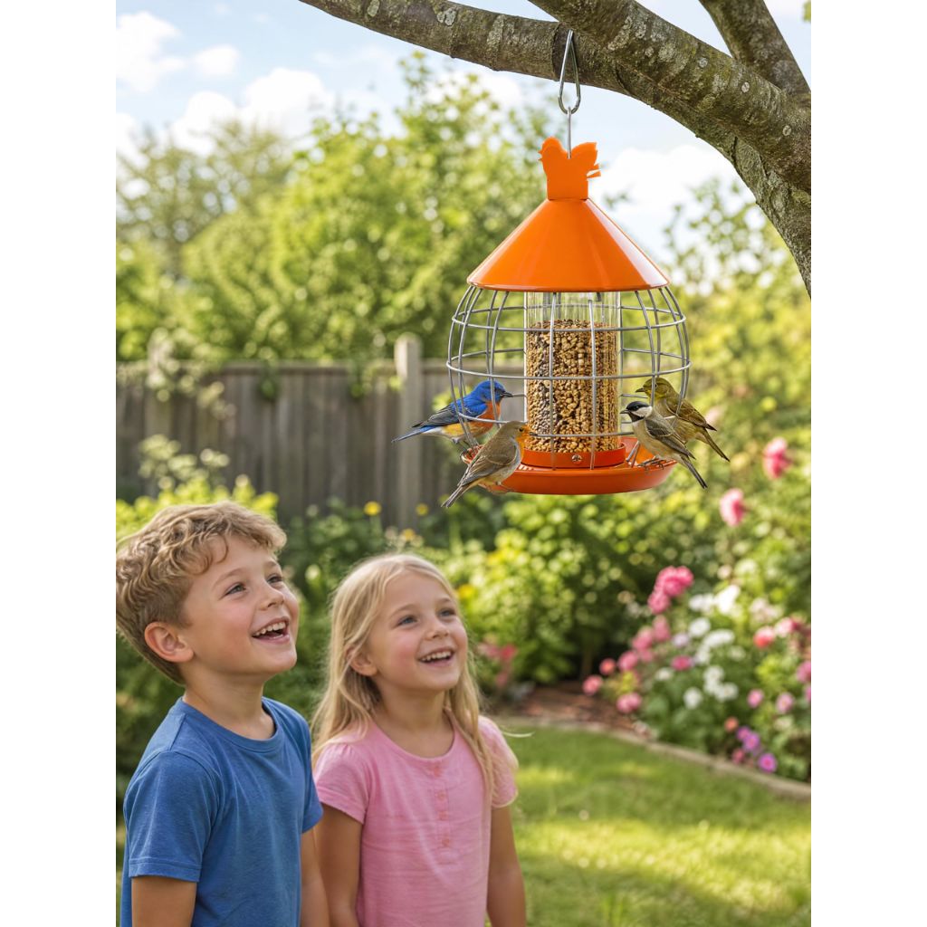 Metal Bird Feeder for Outdoor Hanging, Large Capacity Wild Bird Feeder with Weatherproof Roof & Squirrel-Proof Design, Easy to Fill & Clean, Ideal for Cardinals, Finches, and Blue Jays