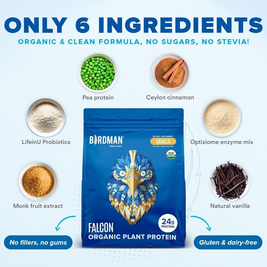 BIRDMAN Falcon Organic Plant Protein Powder - Vanilla, 3.9lb / 60 Servings