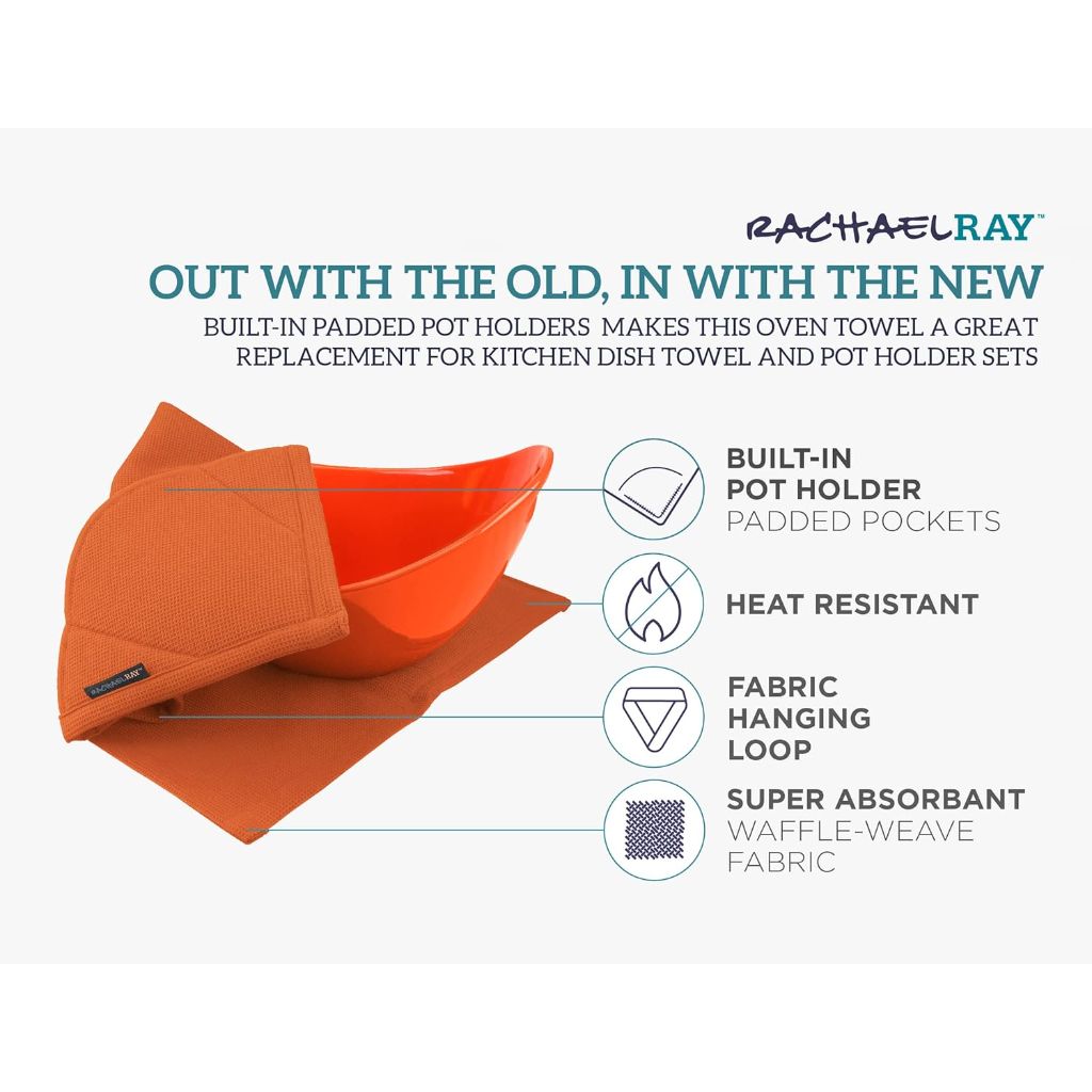 Rachael Ray 2-in-1 Ultra Absorbent Kitchen Towel with Heat Resistant Oven Glove, Burnt Orange, 2 Pack