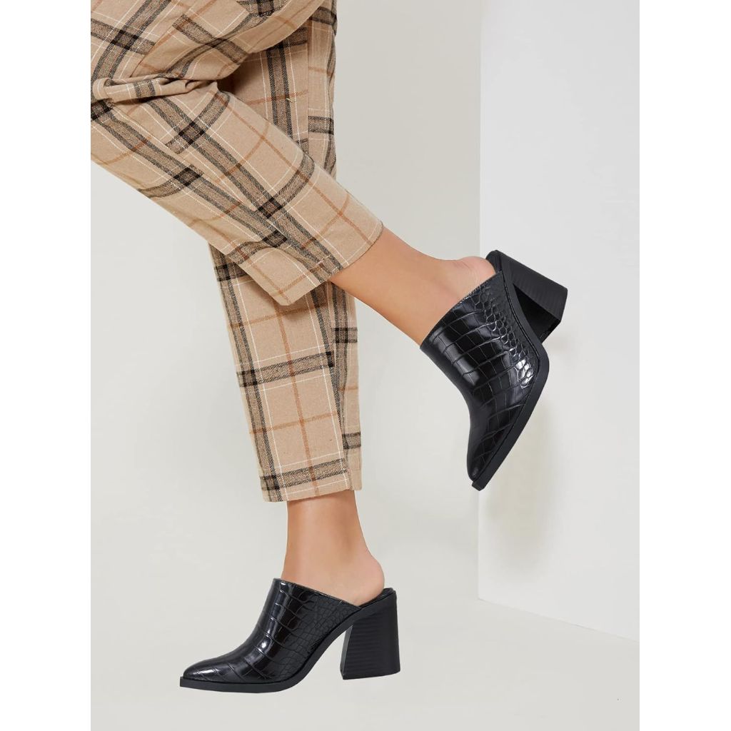 JeimPoey Womens Mules Pumps Point Closed Toe Slip-on Heels Stacked Chunky Block Heel Backless Clogs