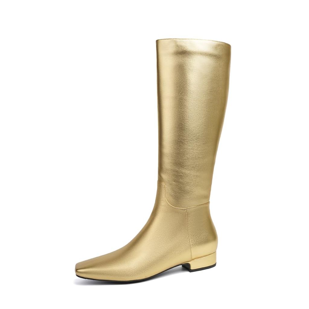 Beauty Cry Gold Square Toe Flat Knee High Boots for Women Metallic Chunky Low Heel Leather Riding Boots With Side Zipper 10.5
