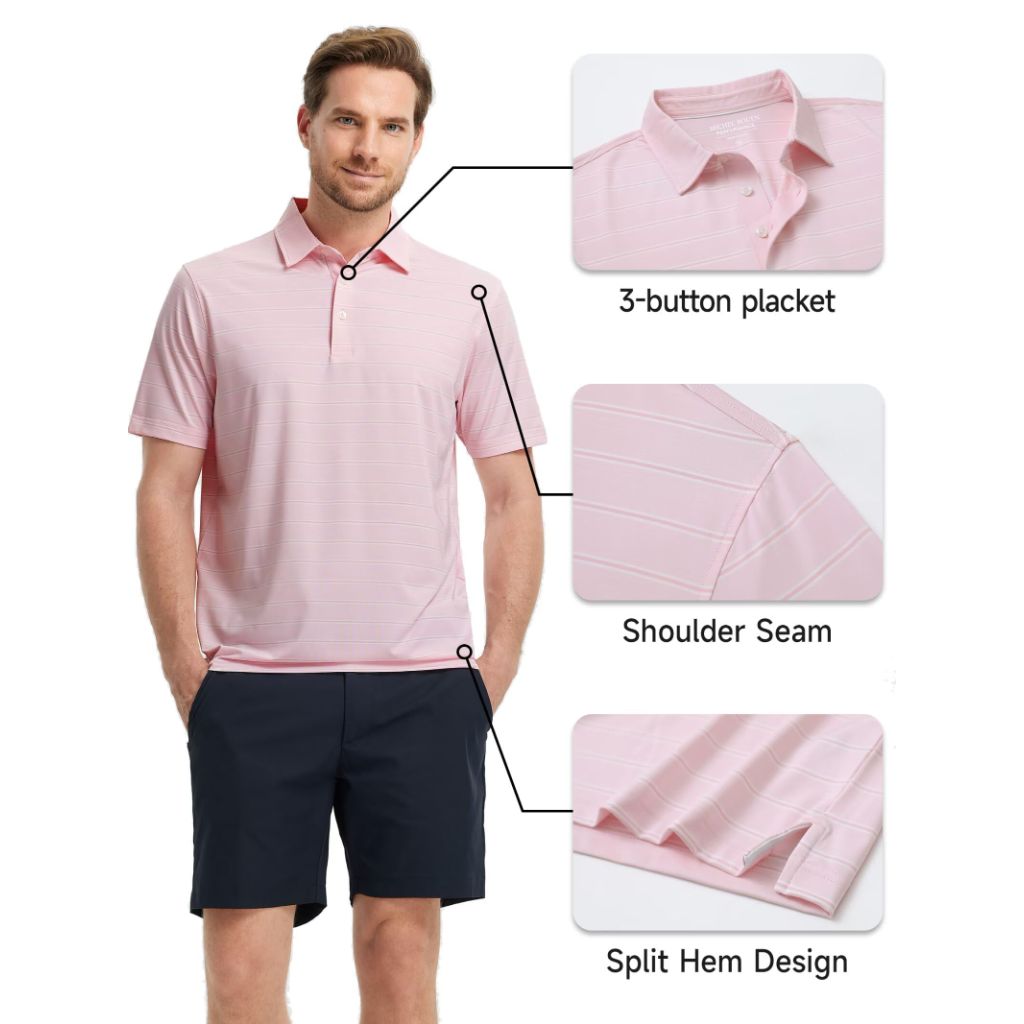 Michel Rouen Men's Dry Fit Golf Shirt, 2XL, Light Pink Stripe