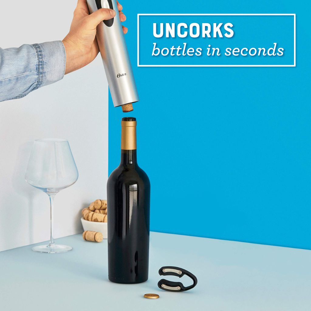 Oster Cordless Electric Wine Bottle Opener with Foil Cutter, Silver
