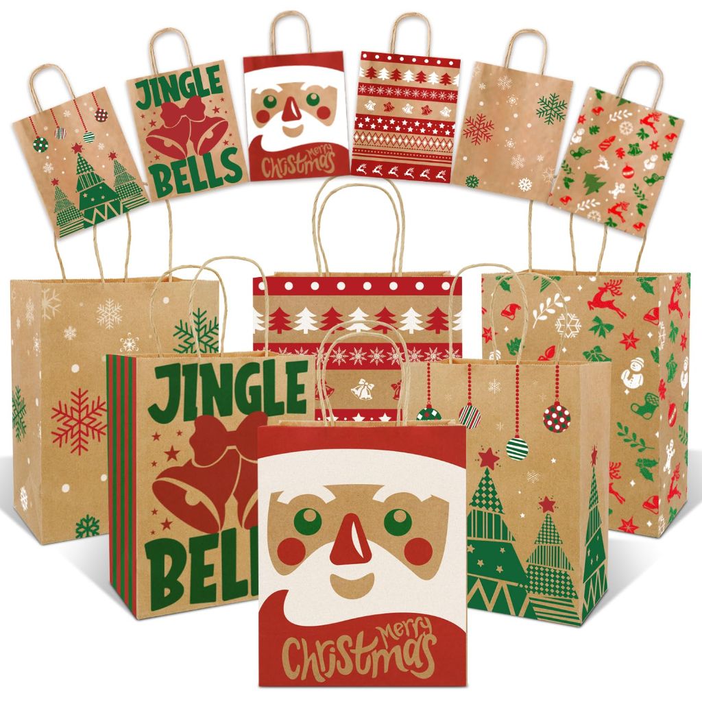 Sipthene 24 Pack Christmas Gift Bags with Handles, Kraft Paper Goody Treat Bags for Holiday Present Wrapping (6 Designs, 9" x 7" x 3.3")