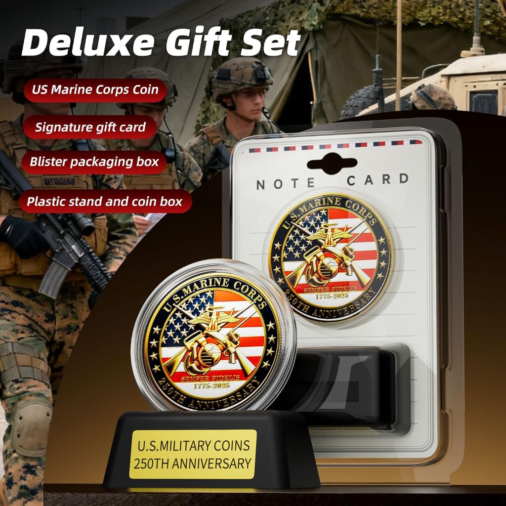 US Marine Corps 250th Anniversary Commemorative Coin 1.77" High-Relief with Gift Box, Protective Capsule, Display Stand & Info Card