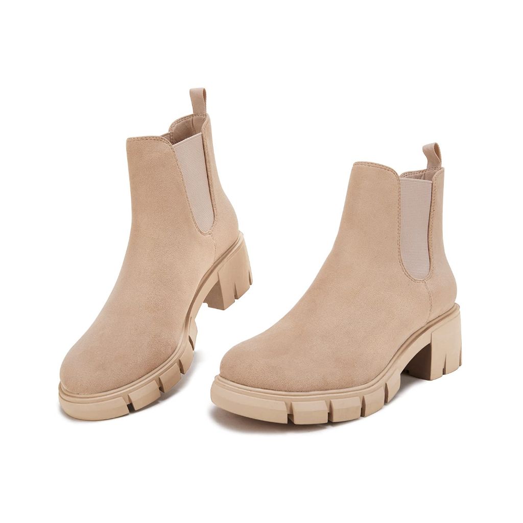 Juliet Holy Womens Lug Sole Platform Ankle Booties Chelsea Slip on Chunky Block Heel Leather Combat Boots