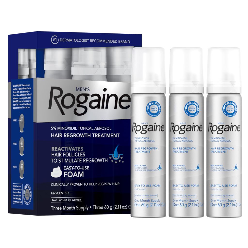 Men’s Rogaine 5% Minoxidil for Men Foam, Clinically Proven Regrowth for Thinning Hair, 3 x 2.11 oz