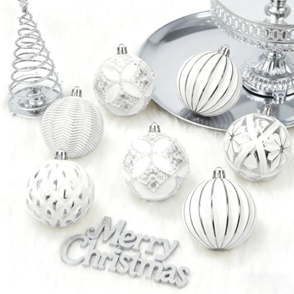 XmasExp Vintage Rustic Christmas Ball Ornaments Sets - Silver White, 6Pcs