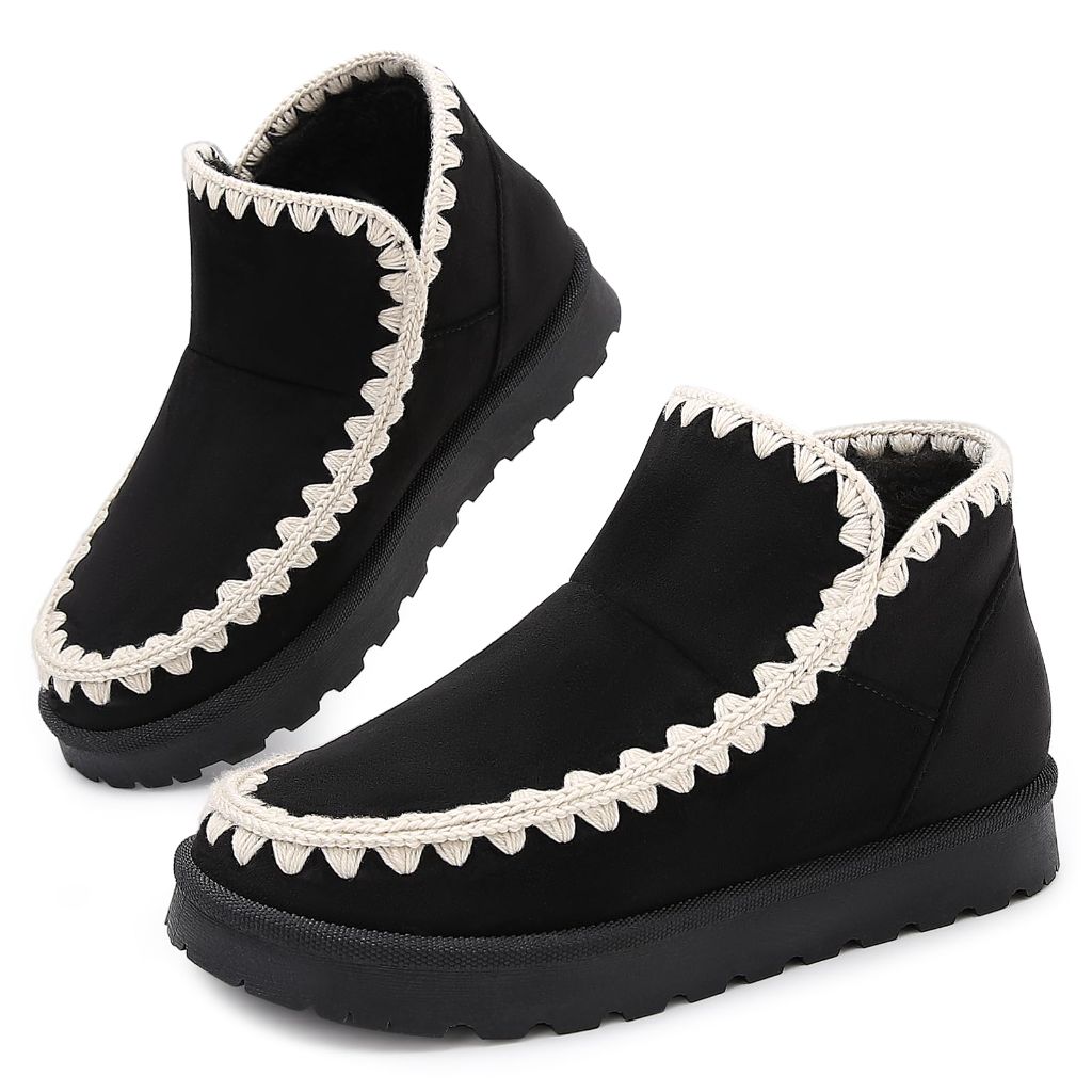 Goldnut Slip On Winter Boots for Women - Faux Suede Warm Fur Lined Comfy Booties with Stitching Trim Black Size 8