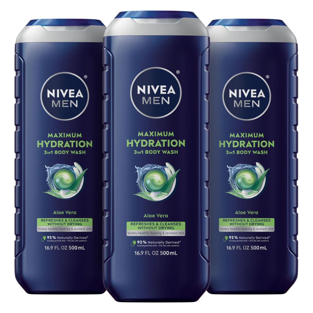 NIVEA MEN Maximum Hydration Body Wash for Dry Skin, Aloe Vera Enriched | 16.9 Fl Oz Bottle, Pack of 3