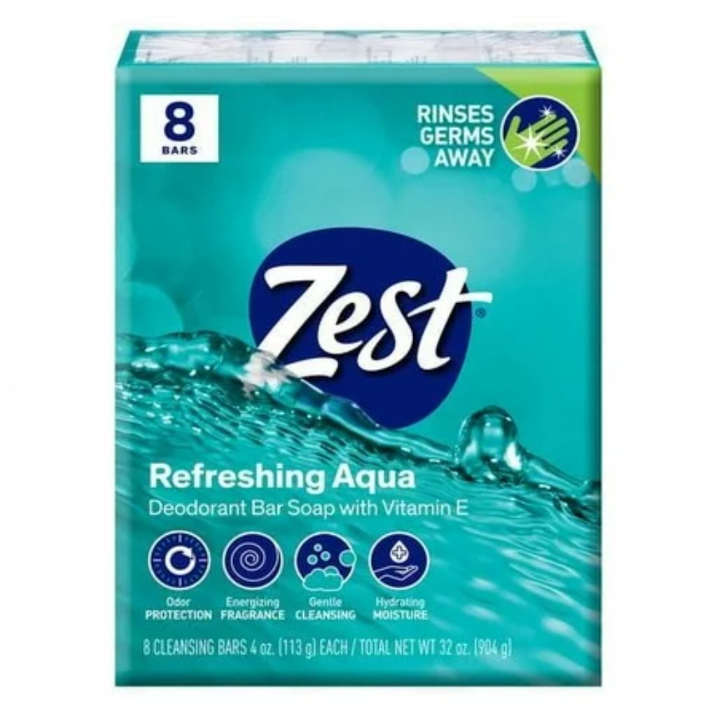 Zest Deodorant Bar Soap with Vitamin E - Aqua, 4oz (8 Bars)