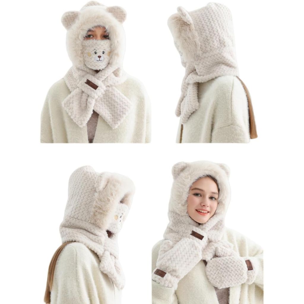 Women's 4 in1 Faux Fur Hooded Beanie Hat, Scarf, Gloves Set, X-Large