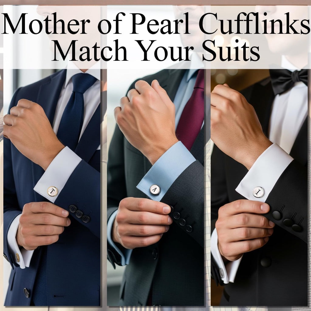 Men's Personalized Cuff Links - Silver Tone, Mother Of Pearl Center - Letter Q