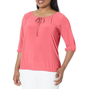 Star Vixen Women's Plus-Size 3/4 Sleeve Peasant Elastic-Hem Keyhole-tie Top, Coral Heather, 4XL