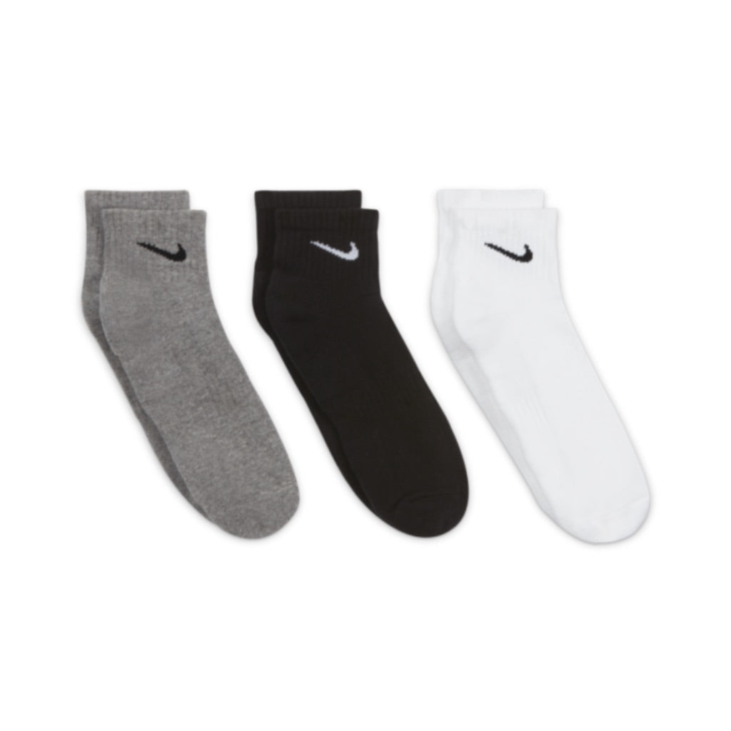 Nike Unisex Adult Everyday Cushioned Quarter Socks (3 Pairs) - Black/White/Gray, Medium