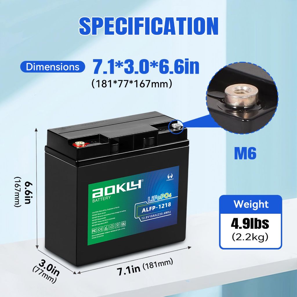 Aokly 12V 18Ah Lithium LiFePO4 Battery, 4000+ Cycles, Built-in 18A BMS for UPS Backup Power, Fish Finder, Camping Lighting