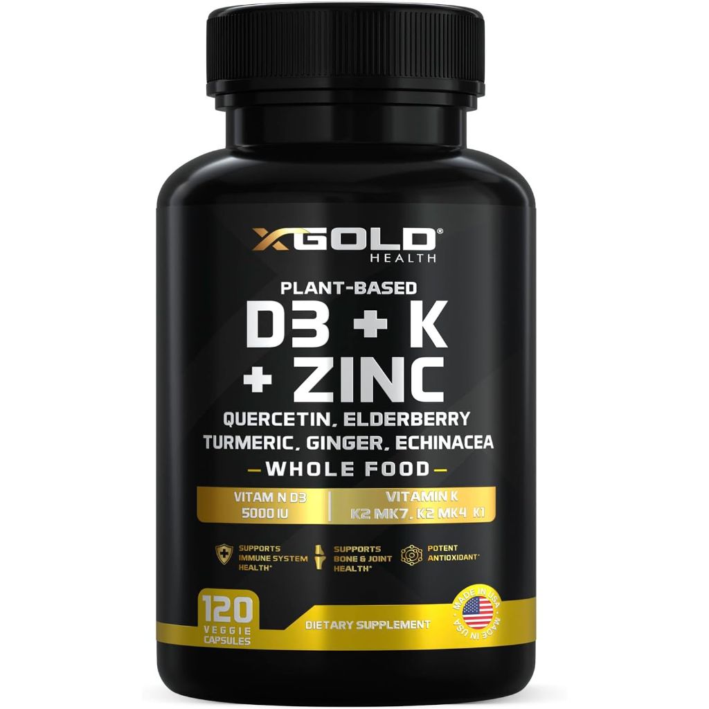 X Gold Health Plant-Based D3 + K + Zinc Vitamins - 120 Capsules