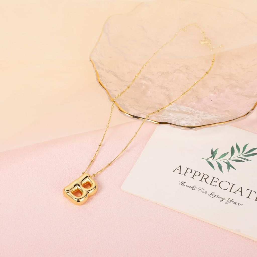 BOXOB Bubble Letter Necklace, 14k Gold Plated Balloon (B)