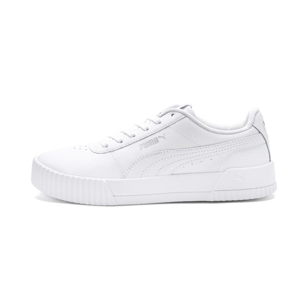 PUMA Womens Carina Leather Sneaker, White Silver, 10.5