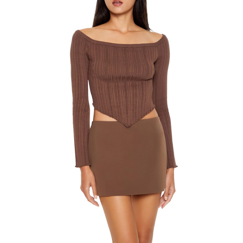 Forever 21 Women's Off-The-Shoulder V-Hem Sweater Espresso Medium  (Brown)