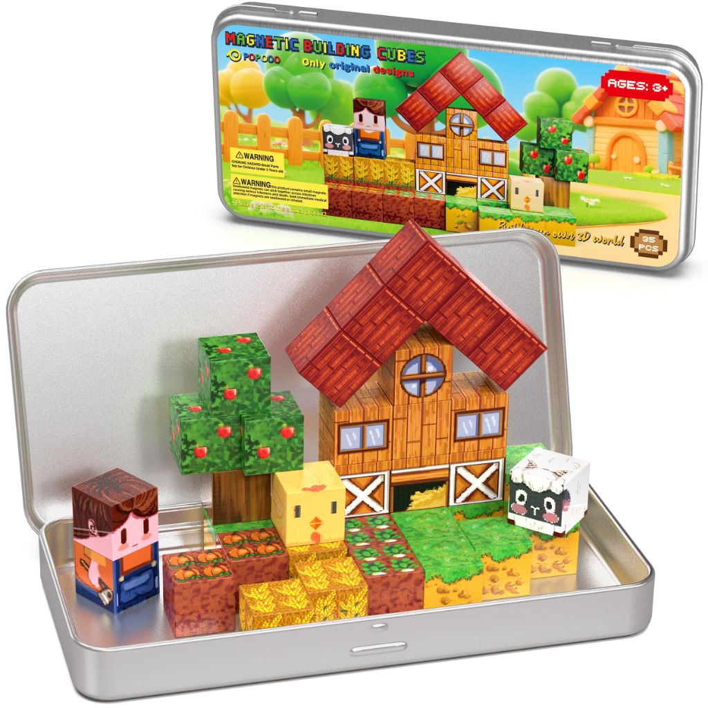 Farm Animal Magnetic Building Blocks Travel Toys, 35PCS Magnetic Cubes for Kids 3-8, Portable STEM Building Tiles with Metal Storage Box, Toddler Learning Toys for Ages 3-5，Fun Gifts, Classroom Prizes