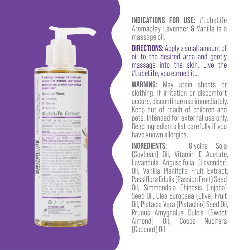 LubeLife Aromaplay Lavender and Vanilla Massage Oil, Essential Oil for a Relaxing Full Body Aromatherapy Massage, 8 Fl Oz