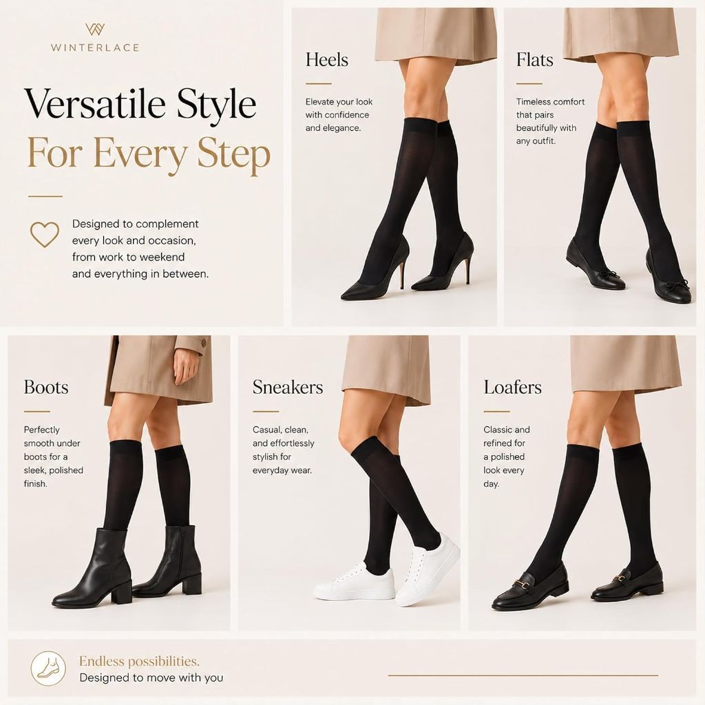 Winterlace Women’s Trouser Socks, Opaque Stretchy Nylon Knee High, Many Colors, 6 Pairs, Size 9-11