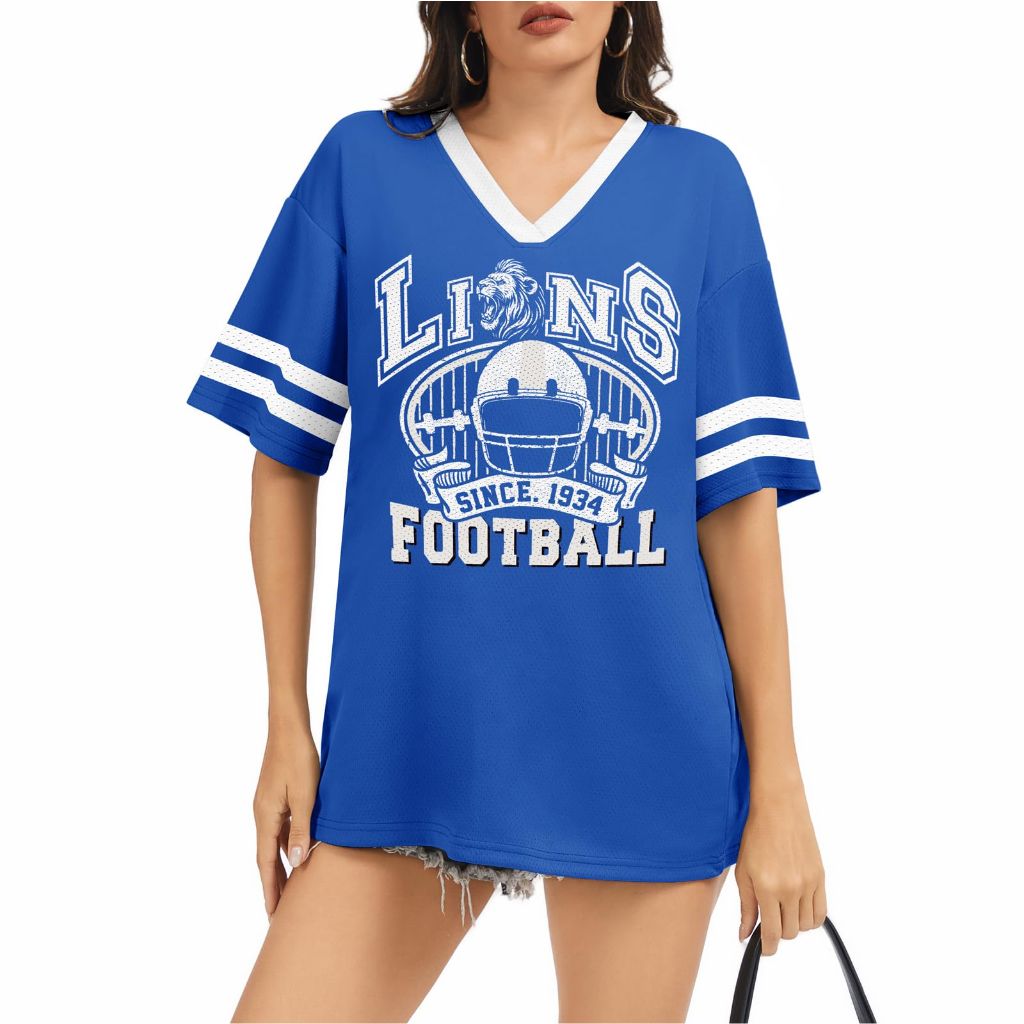 Women's Football Mesh Jersey - V-Neck Short Sleeve Casual Top, Blue, Large