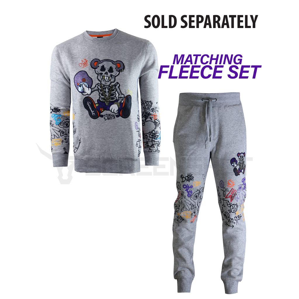 SCREENSHOT Men's Urban Premium Fleece Graffiti Sleeve Skeleton Bear Crew Neck Sweatshirt
