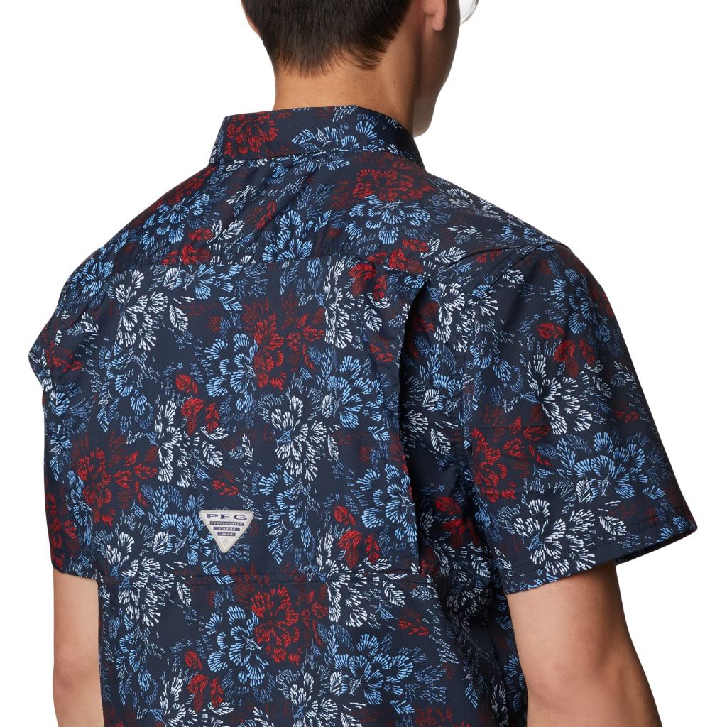 SZ S, Columbia Men's Standard Super Slack Tide Camp Shirt, Collegiate Navy Deep Sea Dash