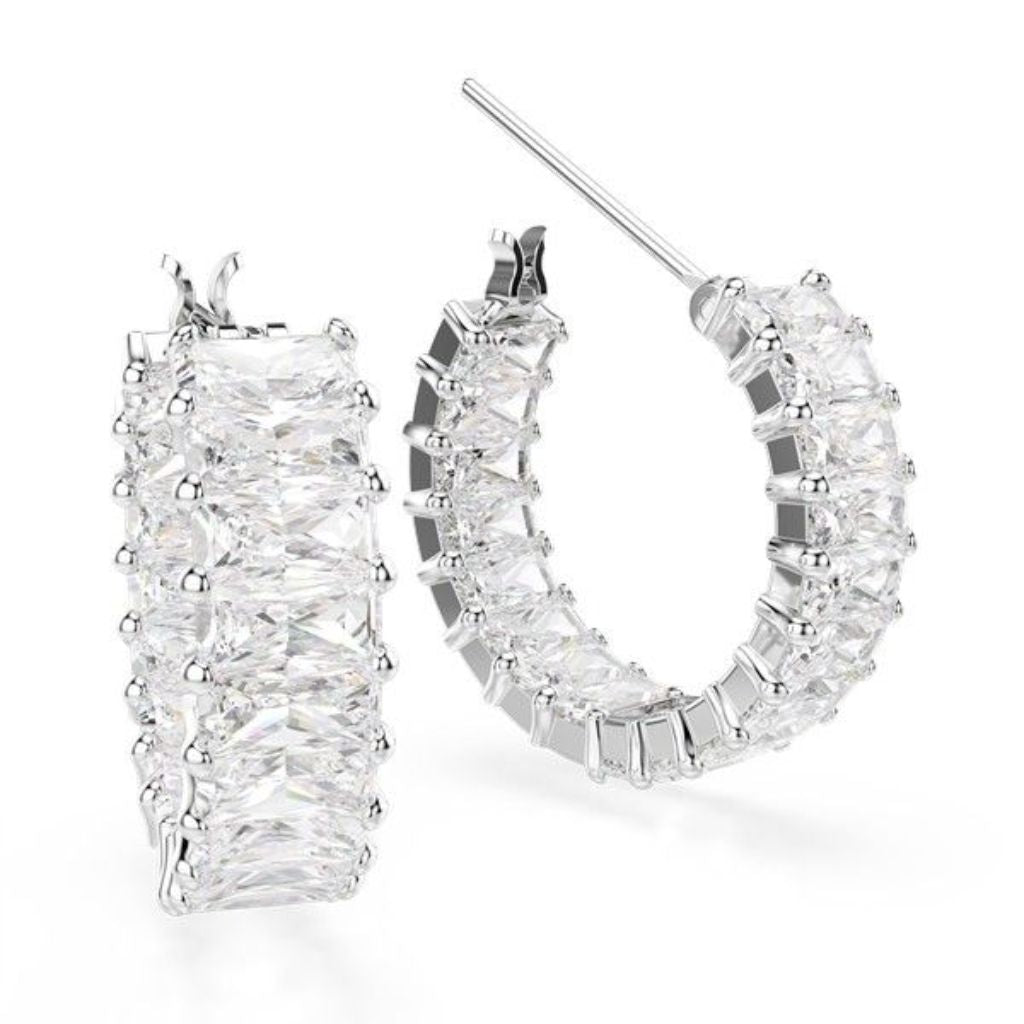 Swarovski Matrix Hoop Earrings - Baguette Cut, White, Rhodium Plated (5733397)