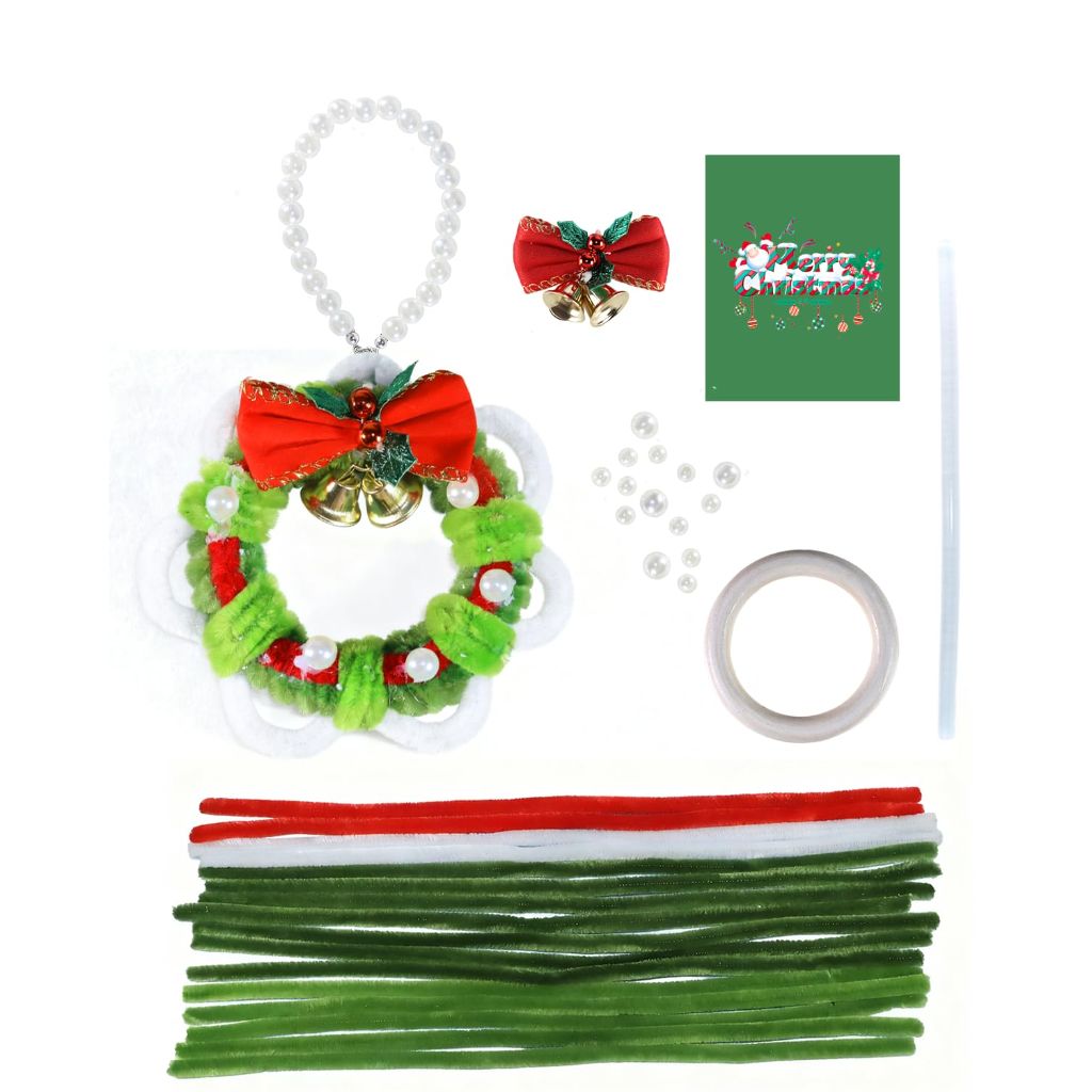 Farbeniok Christmas Pearl Ring Pipe Cleaner Craft Kit, DIY Wreath Ornament Supplies Set with Beads, Bow for Tree Decor (Green)