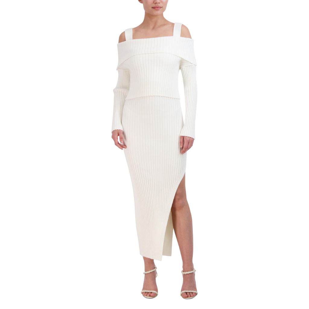 BCBGMAXAZRIA Women's Off Shoulder Long Sleeve Square Neck Two Piece Midi Sweater Dress, Gardenia, X-Large