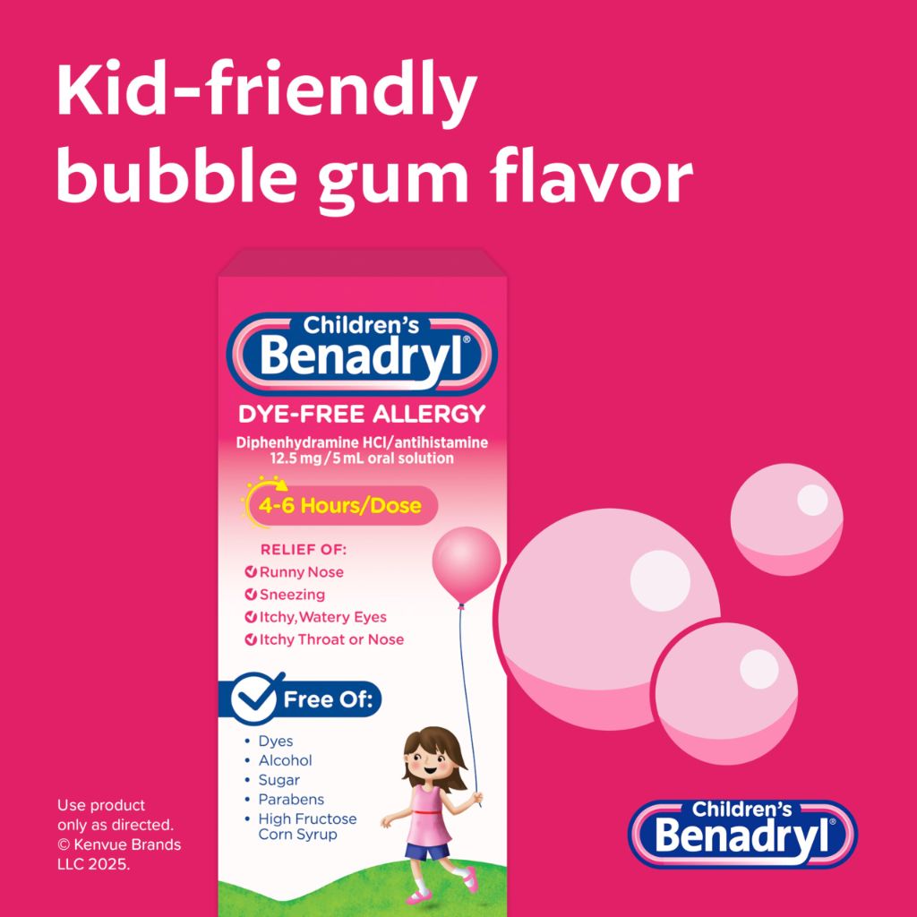 Benadryl Children’s Dye-Free Allergy Relief Liquid, Bubble Gum, 8 fl.