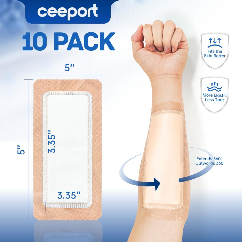 Ceeport Silicone Super Absorbent Wound Dressings 4" x 8" | 10 Pack, 2.35" × 6" core pad