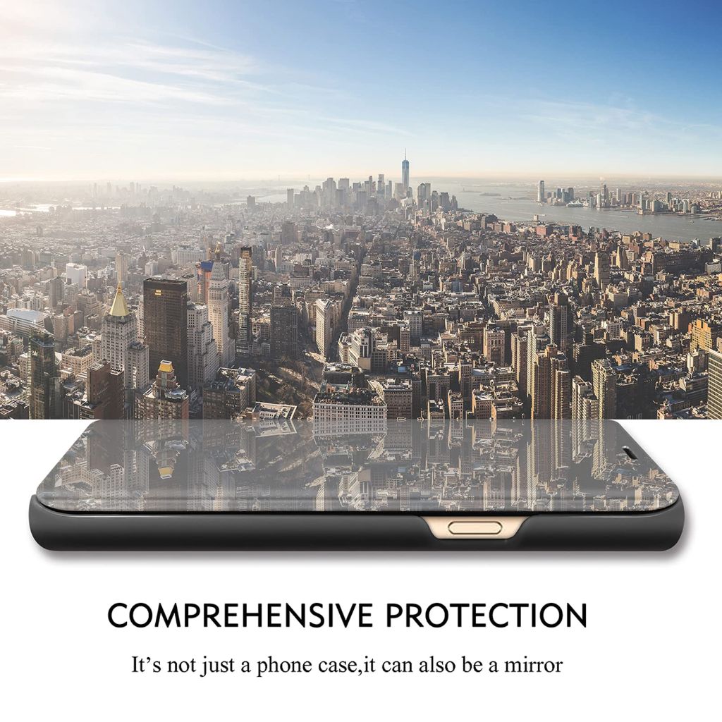 Galaxy S25 Case with Kickstand, PU Leather Clear View Mirror Flip Cover (Black)