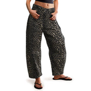POTILI Women's Barrel Boyfriend Baggy Leopard Print Jeans Mid Rise Cropped Wide Leg Y2K Horseshoe Jeans for Women Trendy