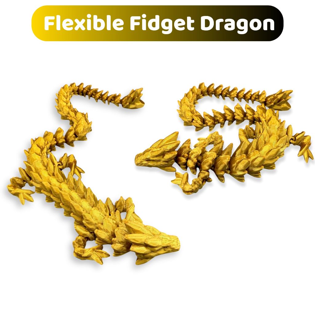 Articulated 3D Printed Dragon Toy 12 Inch Flexible, Dual Color Fidget Dragon (Black Gold)