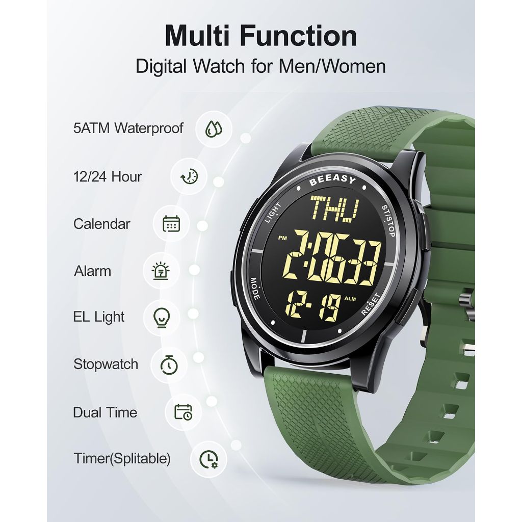Beeasy Mens Metal Digital Watch Waterproof with Stopwatch Alarm Dual Time Countdown, Ultra-Thin Super Wide-Angle Display Digital Wrist Watches for Men Women