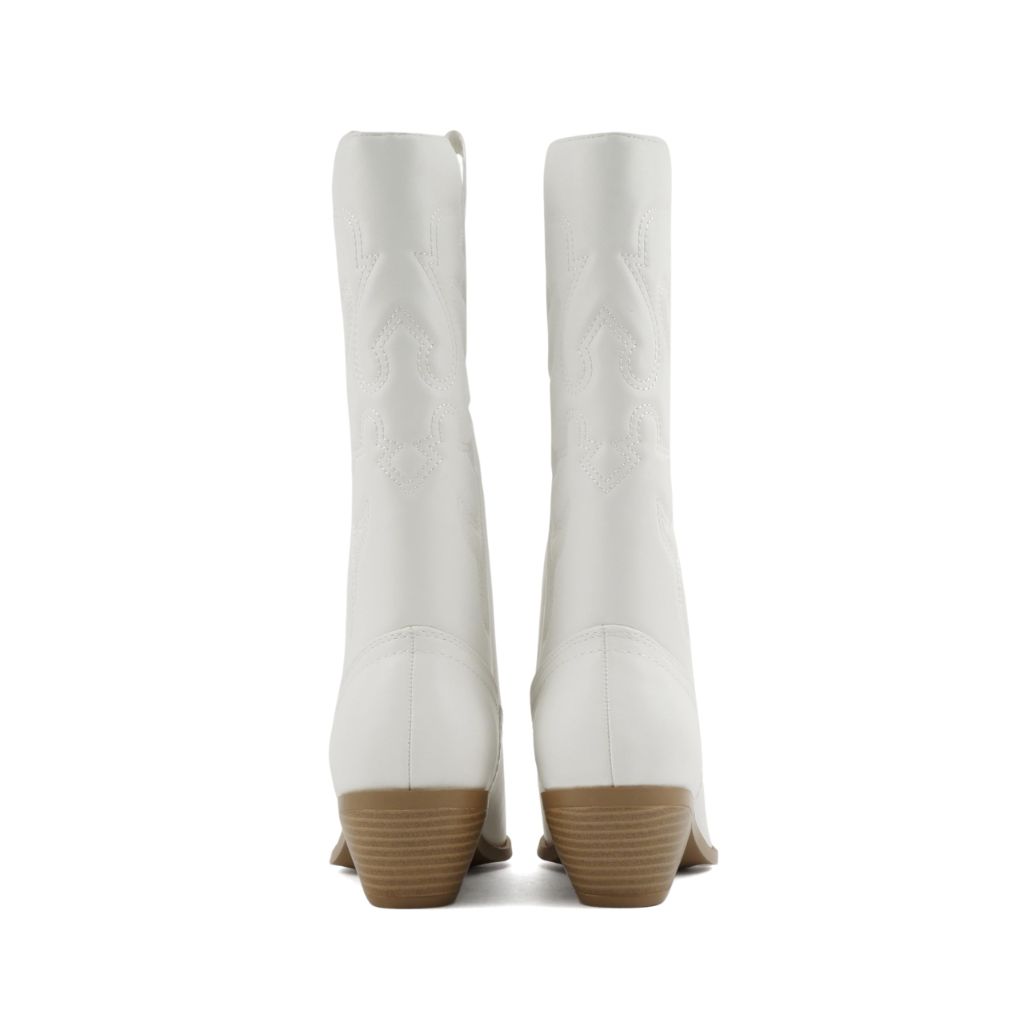Soda “Rodeo” ~ Women's Knee High Western Cowboy Boots with Stitched Detailing, Pointed Toe, and Low Block Heel (A-wht/Bge Pu, WIDE, 6)