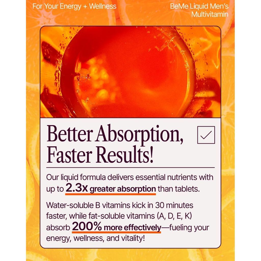 BeMe BeVitalized Liquid Multivitamins for Men with 13 Vitamins & Minerals - Orange (15 Sachets)