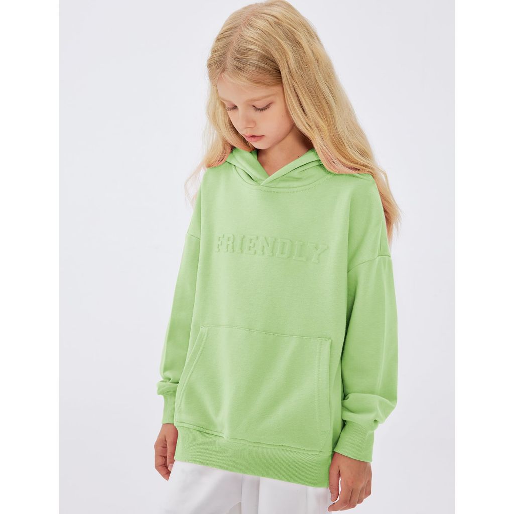 Flygo Kids Unisex Embossed Pullover Hoodie (Bean Green-XL)