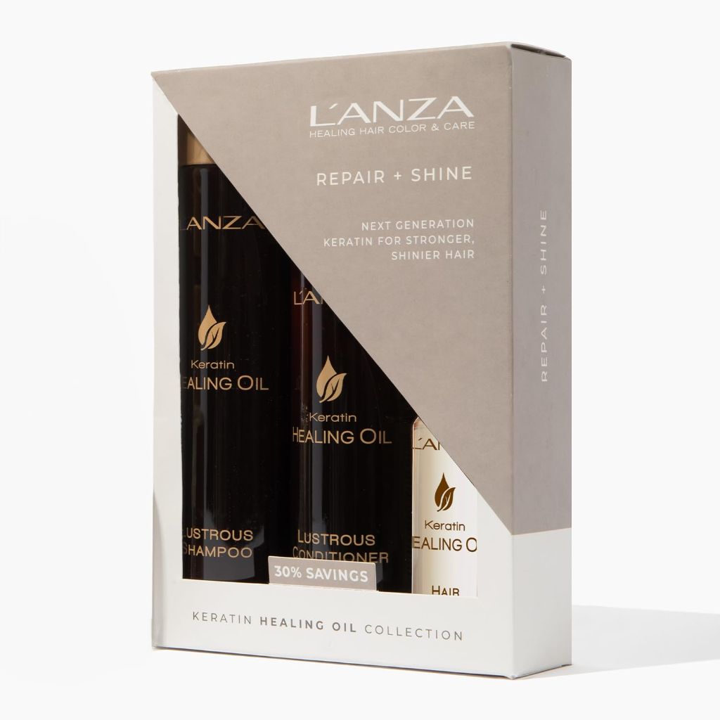 L'ANZA Keratin Healing Oil Trio Hair Kit, Lustrous Keratin Shampoo, Conditioner & Keratin Hair Treatment (10/8.5/3.4 Fl Oz)