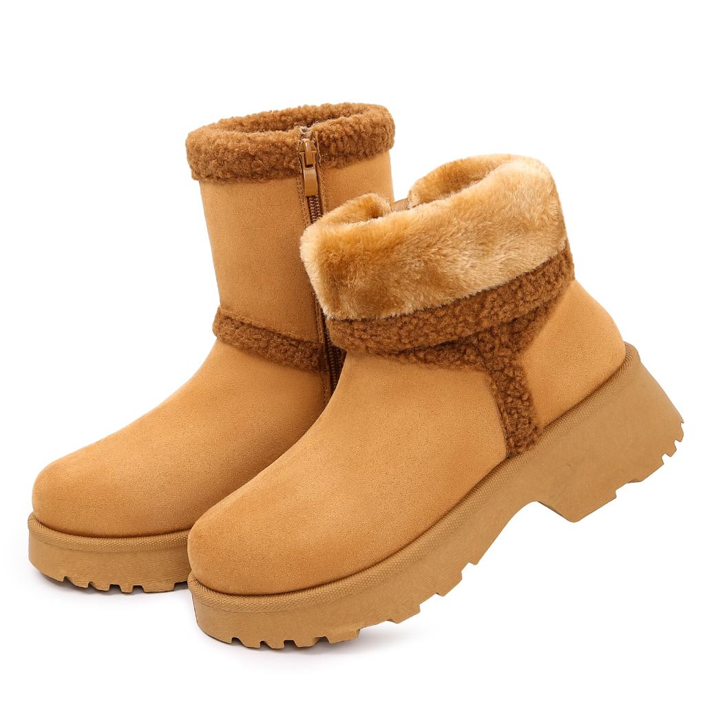Goldnut Brown Women's Snow Boots, Slip On Faux Suede Short Mid Calf Winter Boot for women with Zipper Riding Walking Outdoor Size 9
